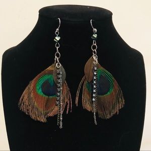 🌕Peacock feather designed earrings w/ rhinestones
